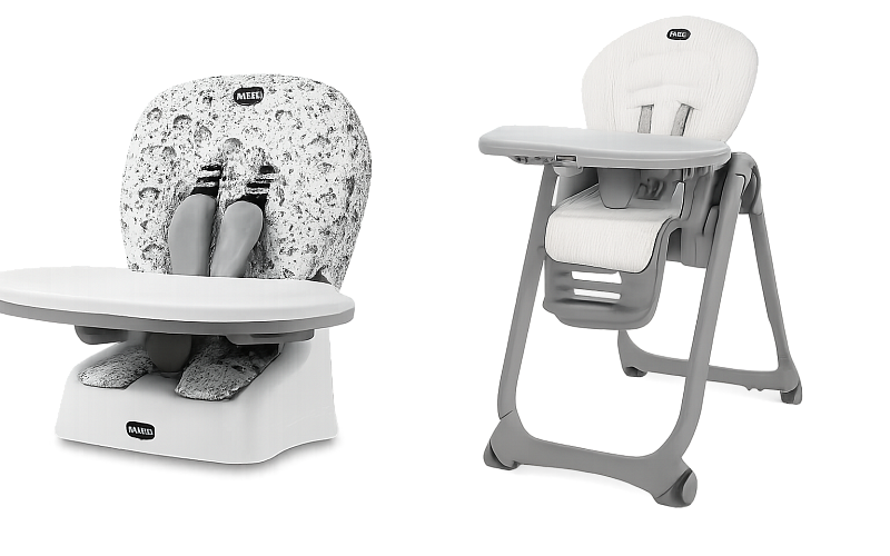 Modern baby highchair and booster seat available for rent in Denver, Colorado.