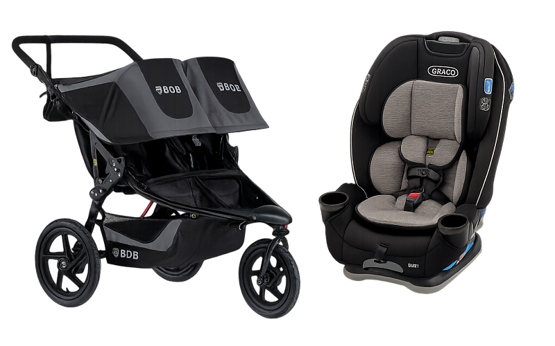 Infant car seat and double stroller available for rent in Denver, Colorado.
